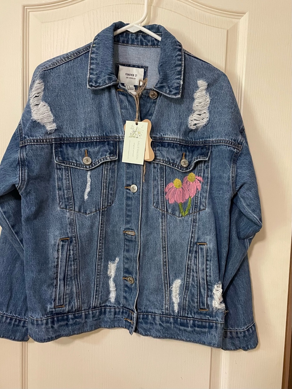Up cycled Forever 21 Blue Denim Jacket , original painting front and back.